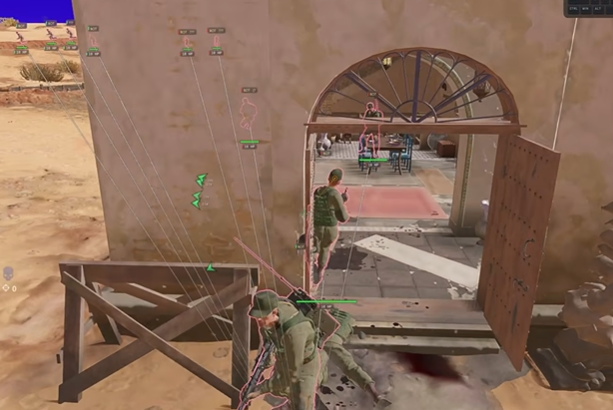 Enlisted urban fight with wallhack-style player outlines and snap lines