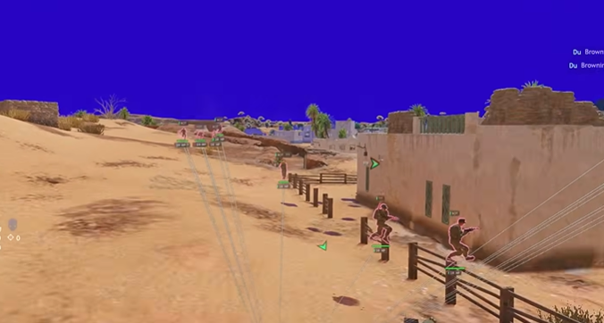 Enlisted desert map with ESP tracers and soldier highlights through smoke